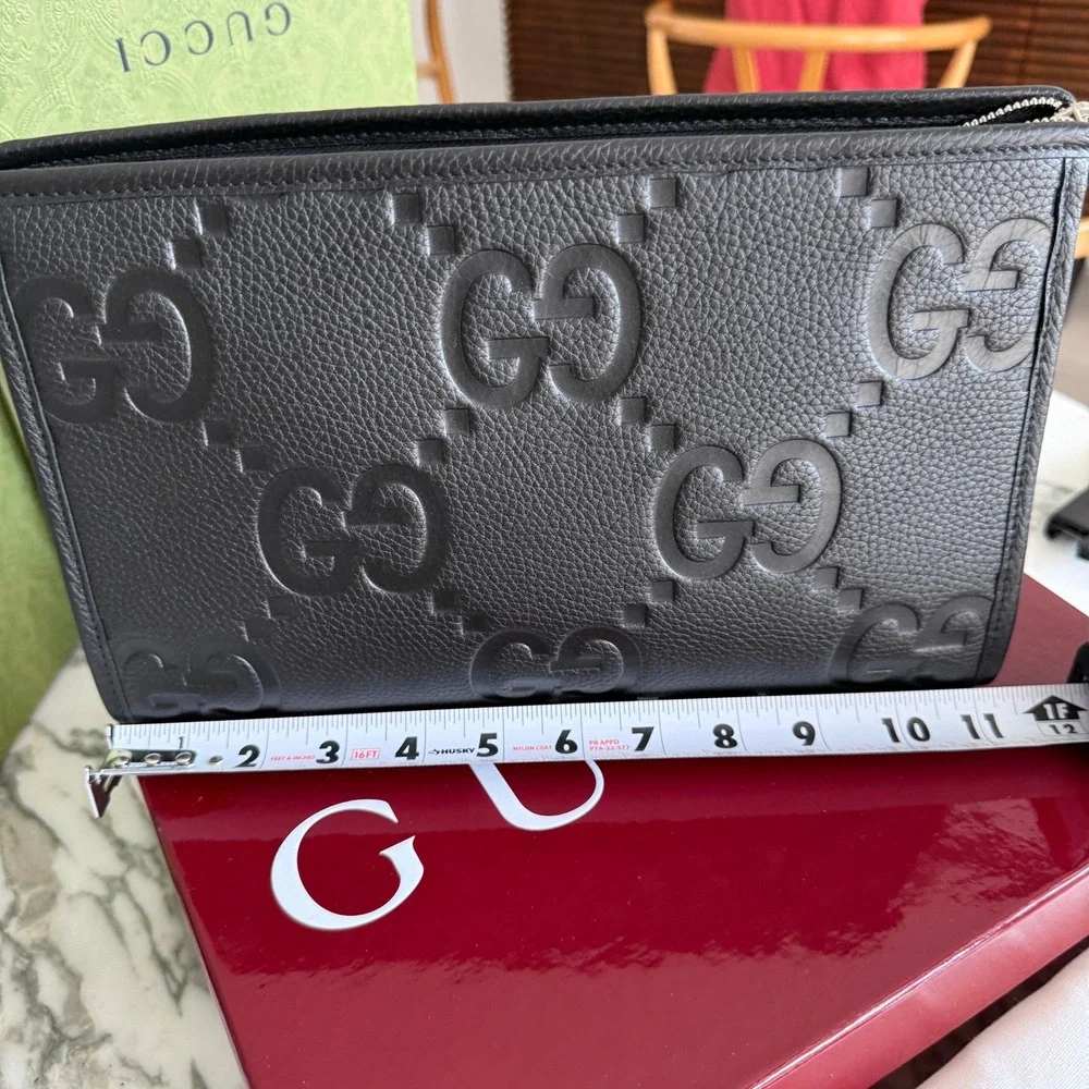 Gucci Mens Jumbo GG Black Leather Pouch in black grained leather 739490